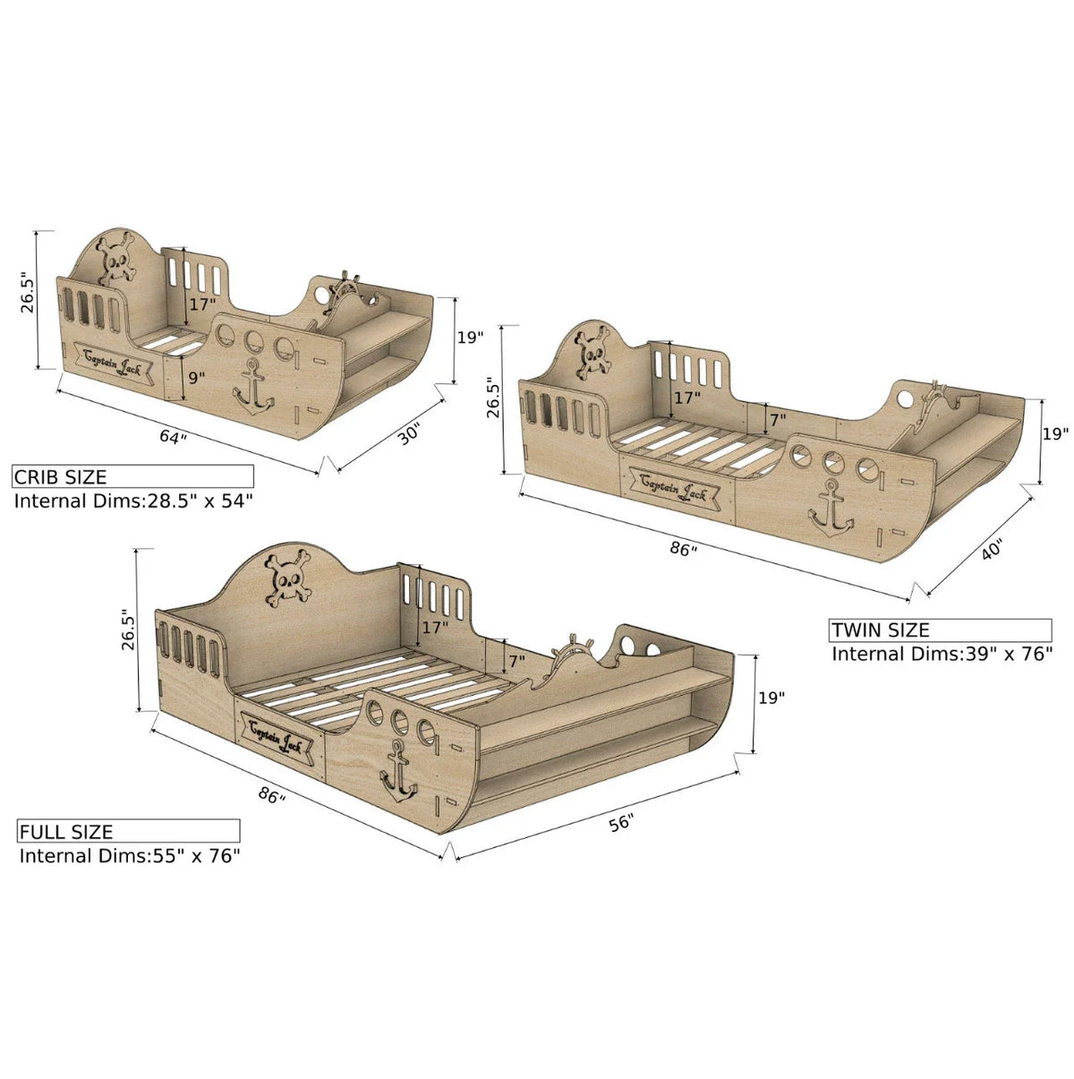Pirate ship bed size diagram showing crib, twin, and full layouts with dimensions