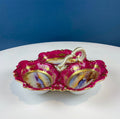 Porcelain divided serving bowl with handle, bright magenta floral and landscape scenes