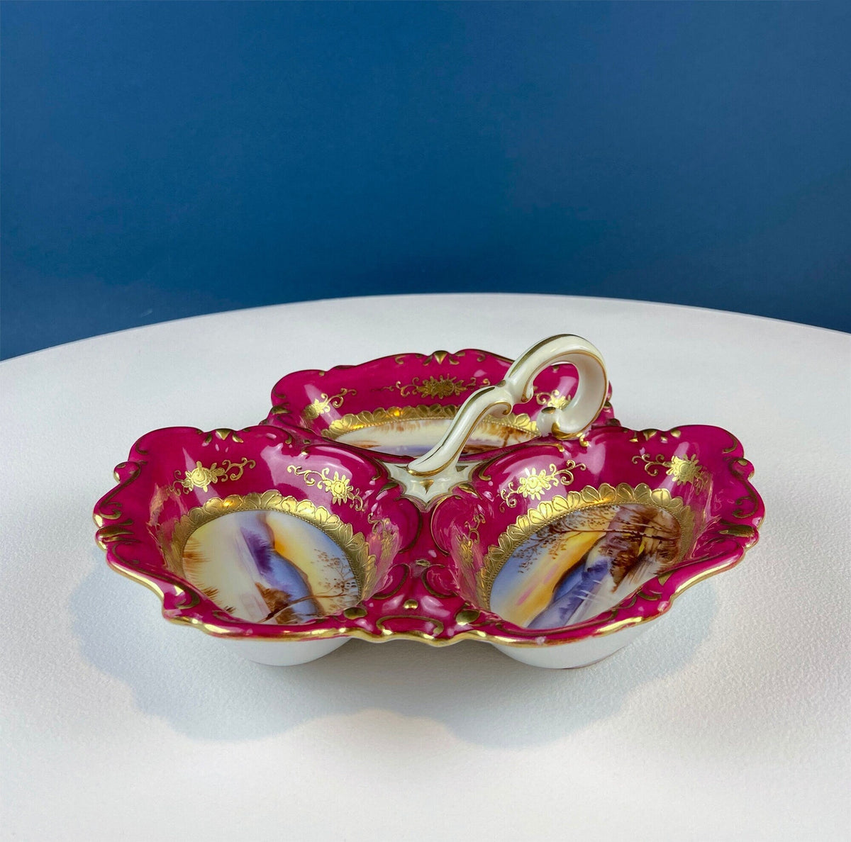 Porcelain divided serving bowl with handle, bright magenta floral and landscape scenes