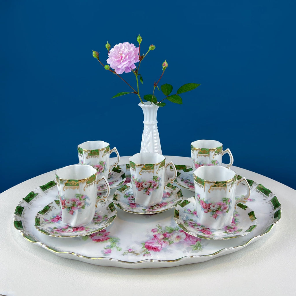Oval hot cocoa tray with five matching porcelain cups, pink wild rose floral motif