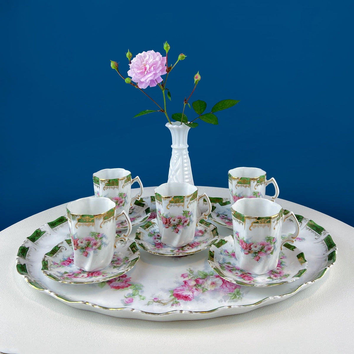 Oval hot cocoa tray with five matching porcelain cups, pink wild rose floral motif