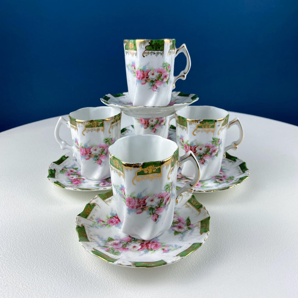 Hot chocolate serving tray set with five porcelain cups and pink wild rose floral design