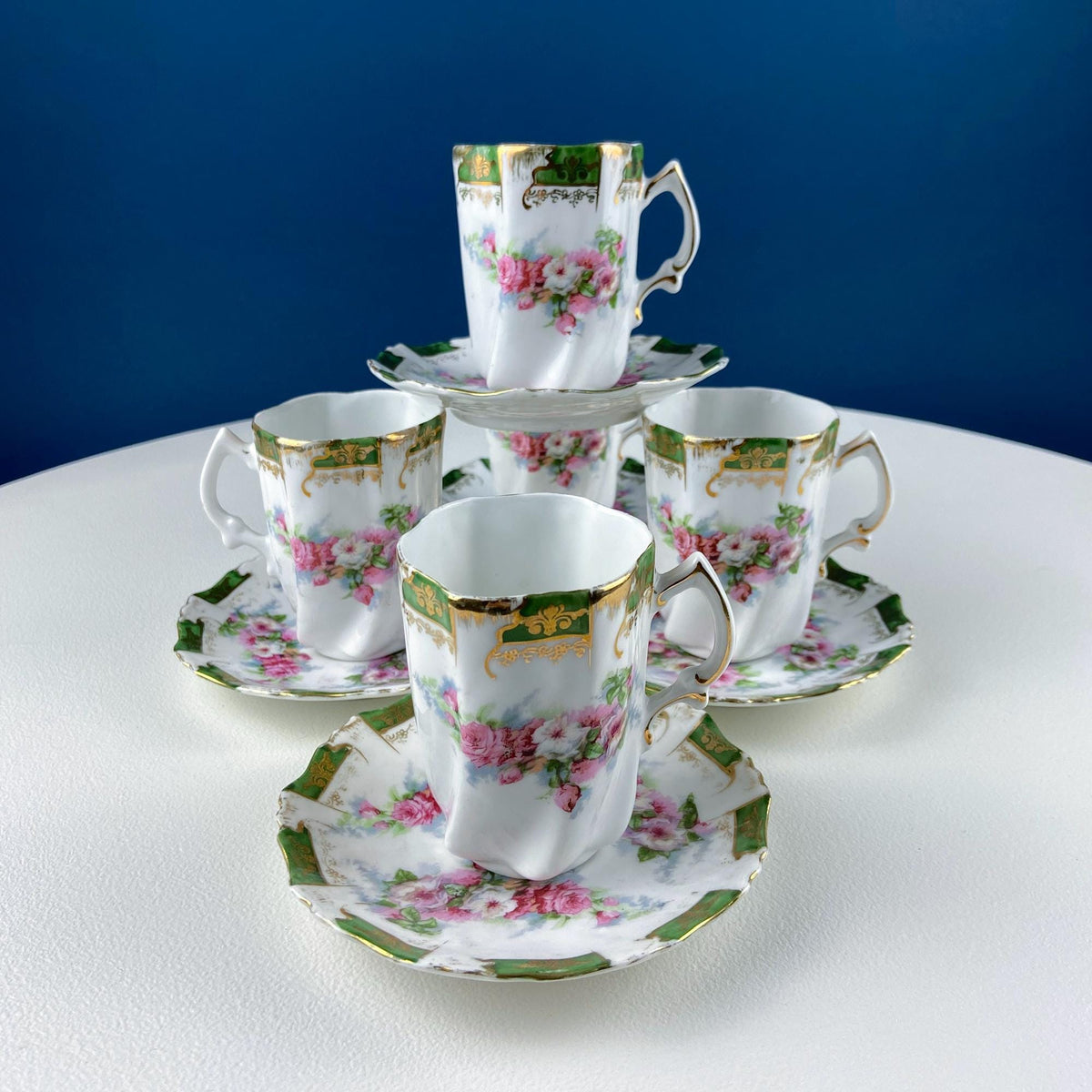 Hot chocolate serving tray set with five porcelain cups and pink wild rose floral design