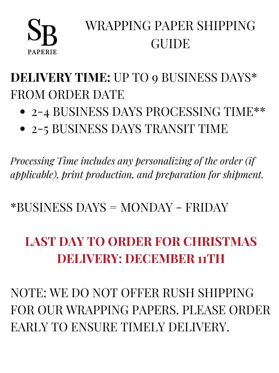 Wrapping paper shipping guide with delivery time and last day to order for Christmas