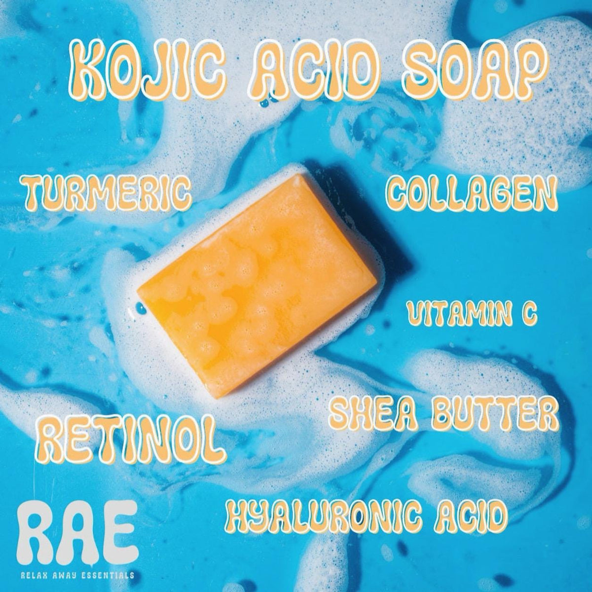 Orange soap bar on ingredient-themed splash graphic with product feature text