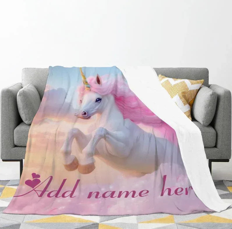 Unicorn horse fleece throw blanket, pink-blue gradient unicorn print on couch