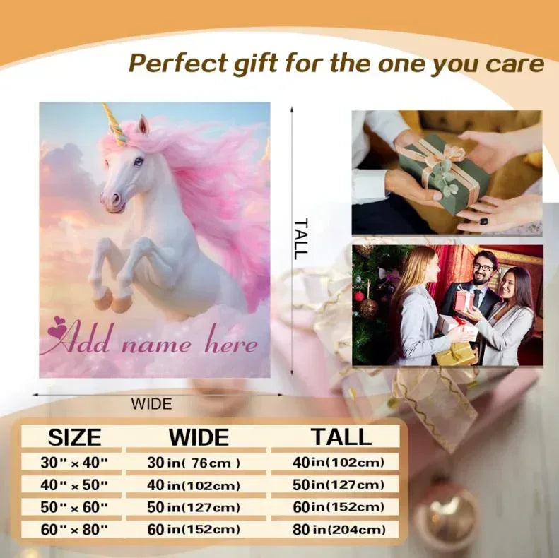 Unicorn horse fleece throw blanket size preview, pink-blue gradient unicorn print