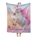 Personalized unicorn horse fleece throw blanket, pink-blue gradient with unicorn print