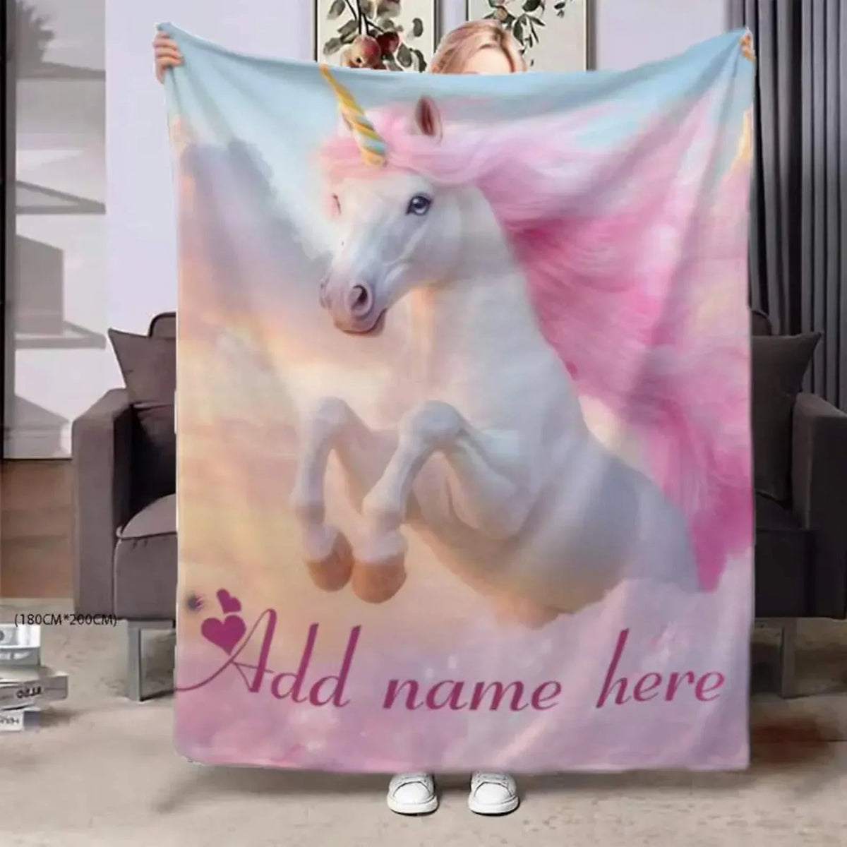Personalized unicorn horse fleece throw blanket, pink-blue gradient unicorn print with heart
