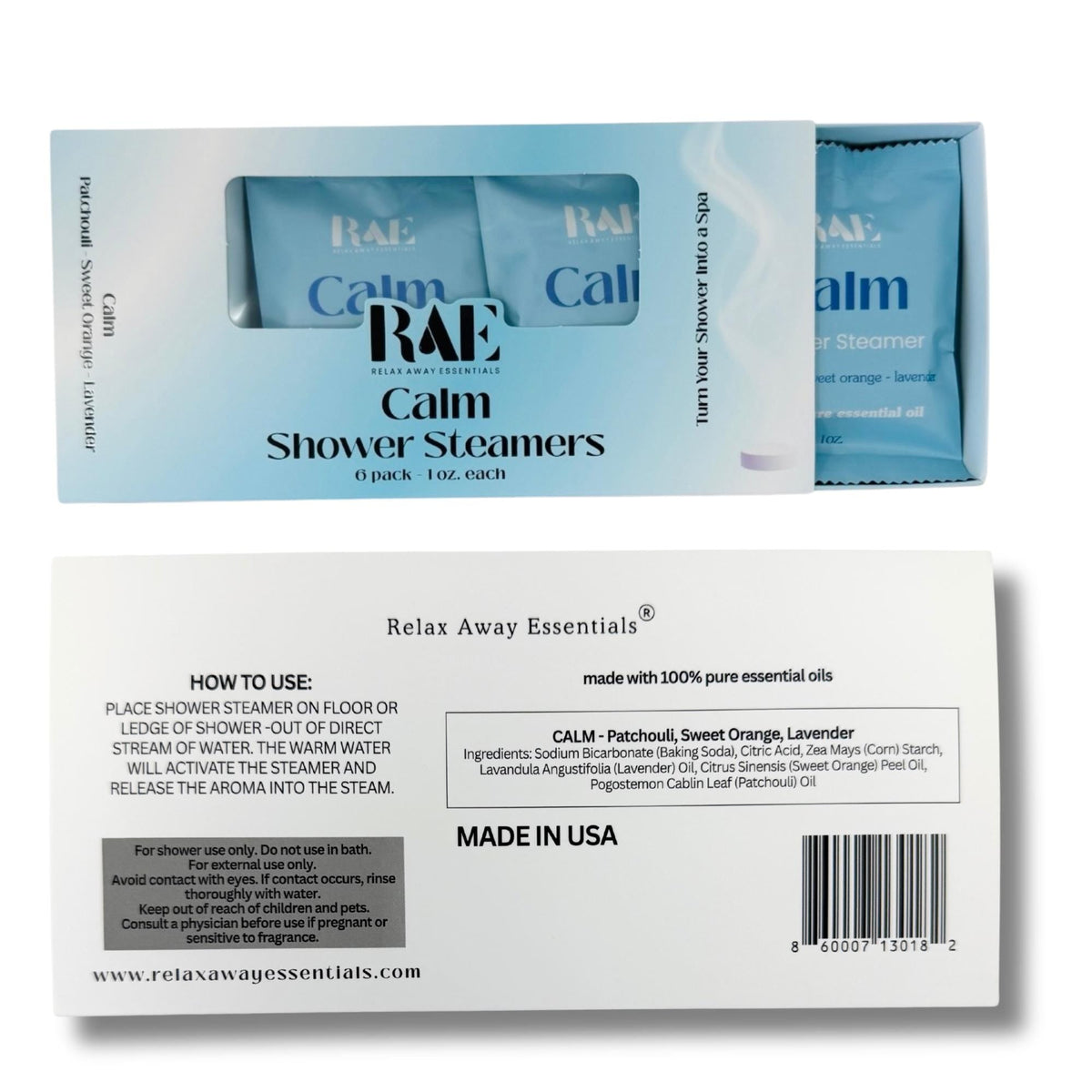 Calm shower steamer 6-pack box back with usage text and barcode