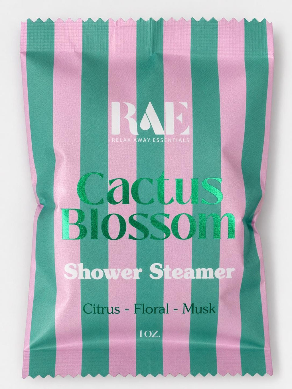 Cactus Blossom shower steamer pouch, teal and pink striped packet with RAE logo