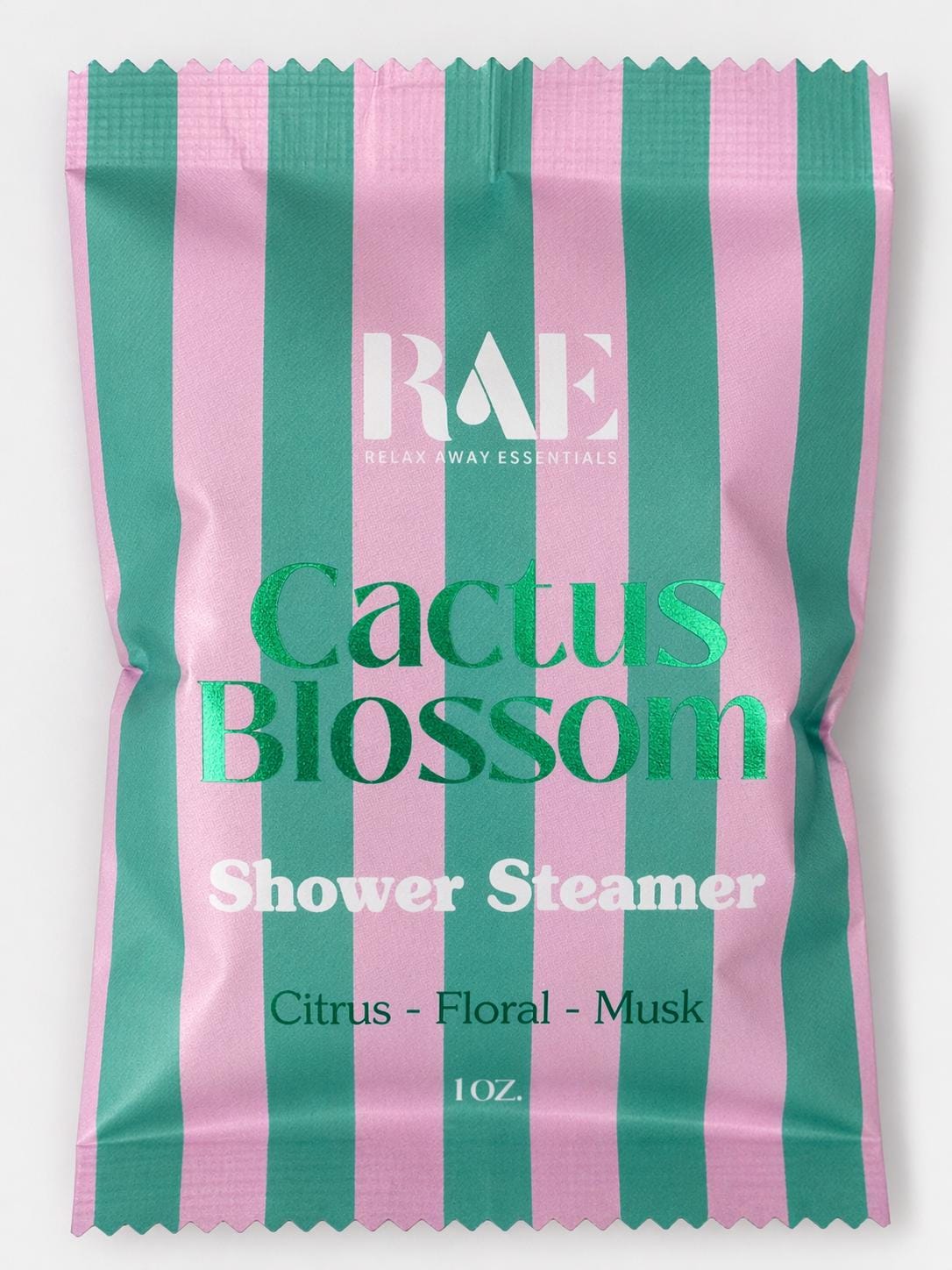 Cactus Blossom shower steamer pouch, teal and pink striped packet with RAE logo