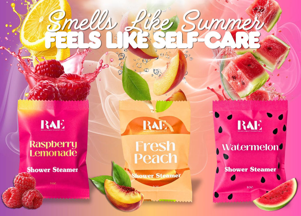 Fruity shower steamer pack with Raspberry Lemonade, Fresh Peach, and Watermelon pouches