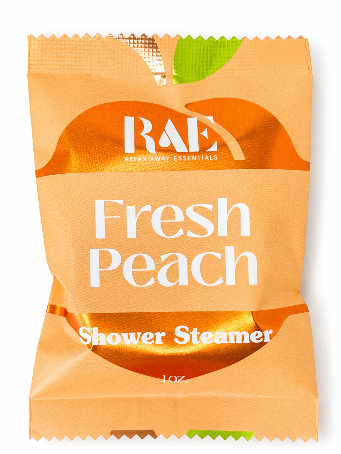 Fresh Peach shower steamer pouch, orange gradient with 1 oz label
