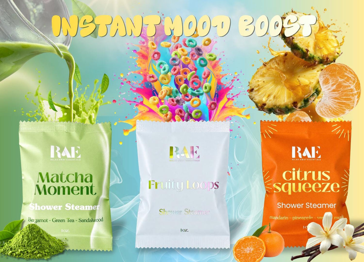 Assorted shower steamer packs: matcha moment, fruity loops, and citrus squeeze