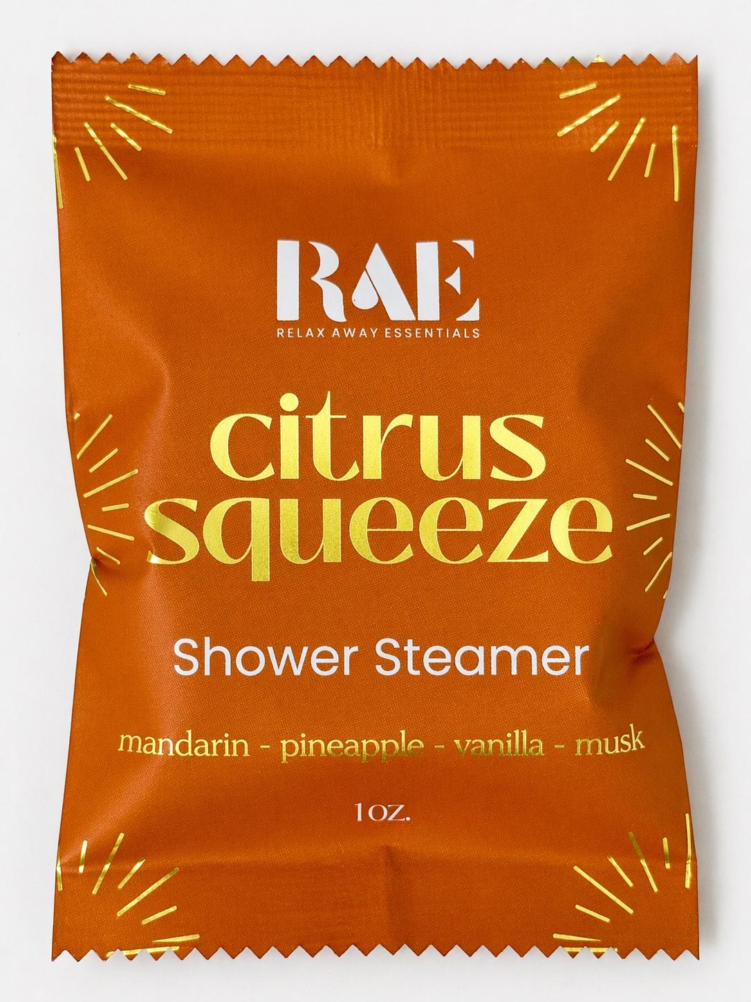 Citrus Squeeze shower steamer pouch in orange with 1 oz net weight