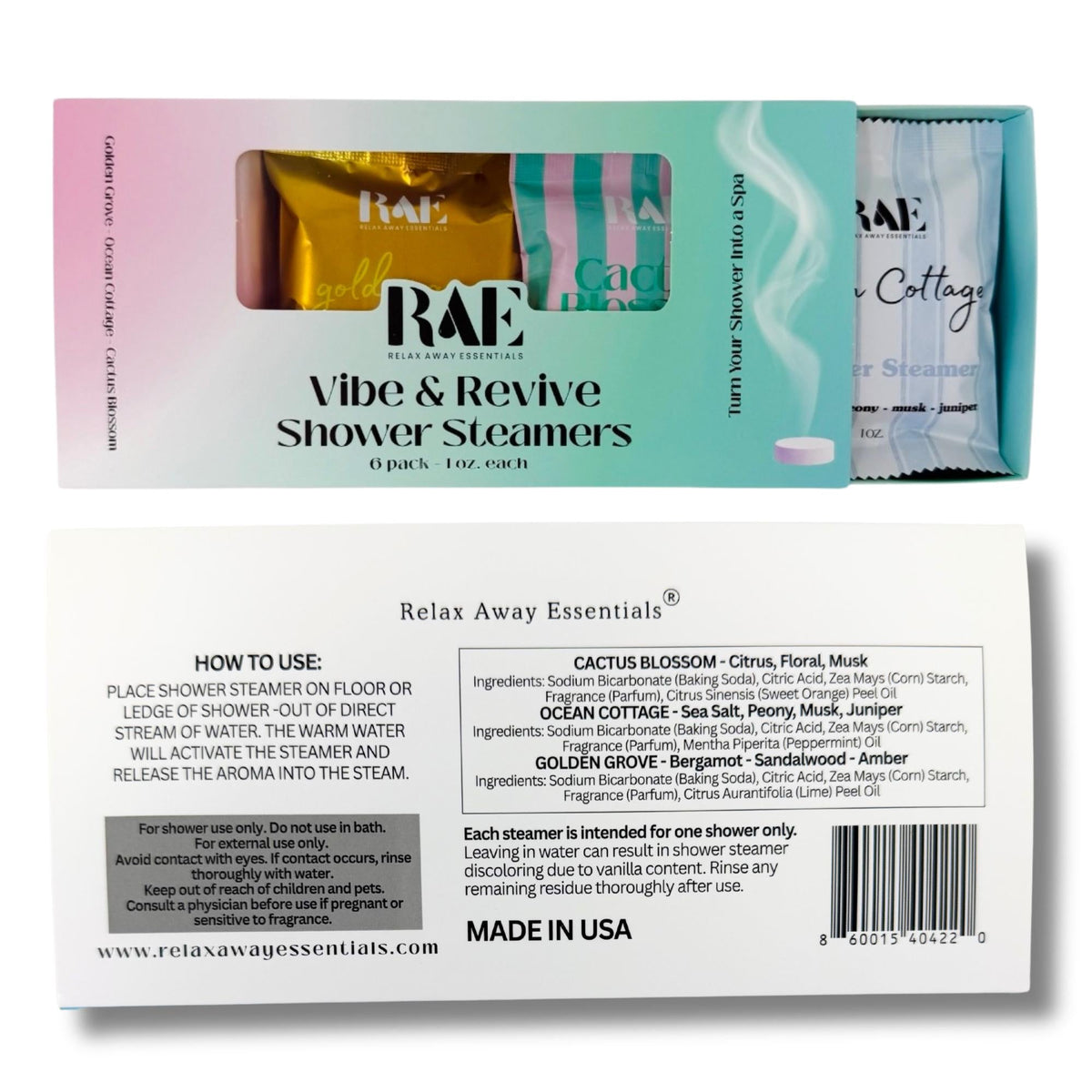 Back label of Vibe & Revive shower steamer 6-pack box with usage and scent details