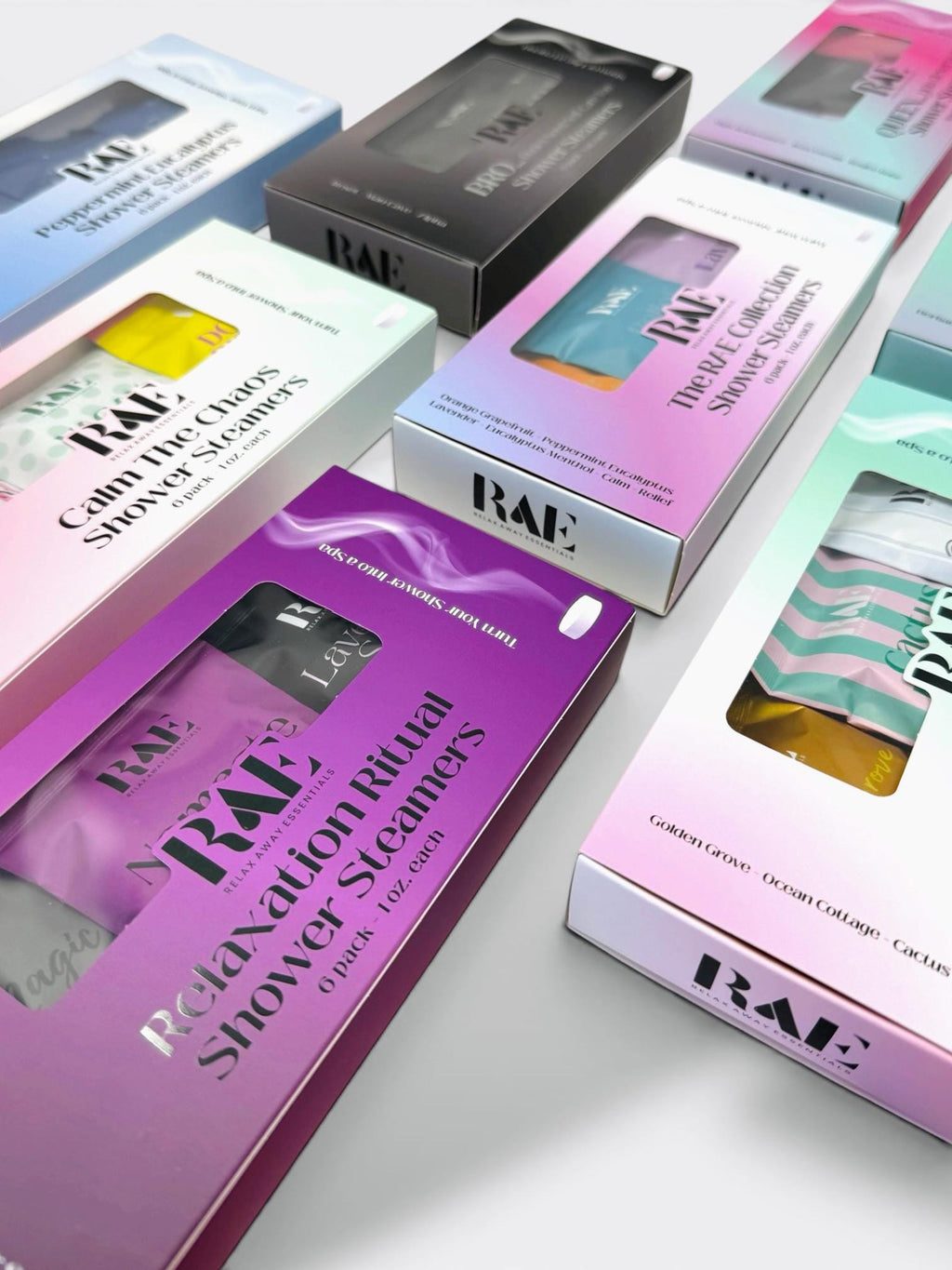 Relaxation Ritual shower steamer boxes and sachets, plus other RAE varieties in view