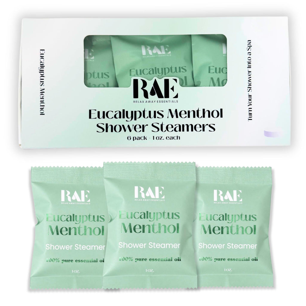 Eucalyptus Menthol shower steamers 6-pack box with three green sachets