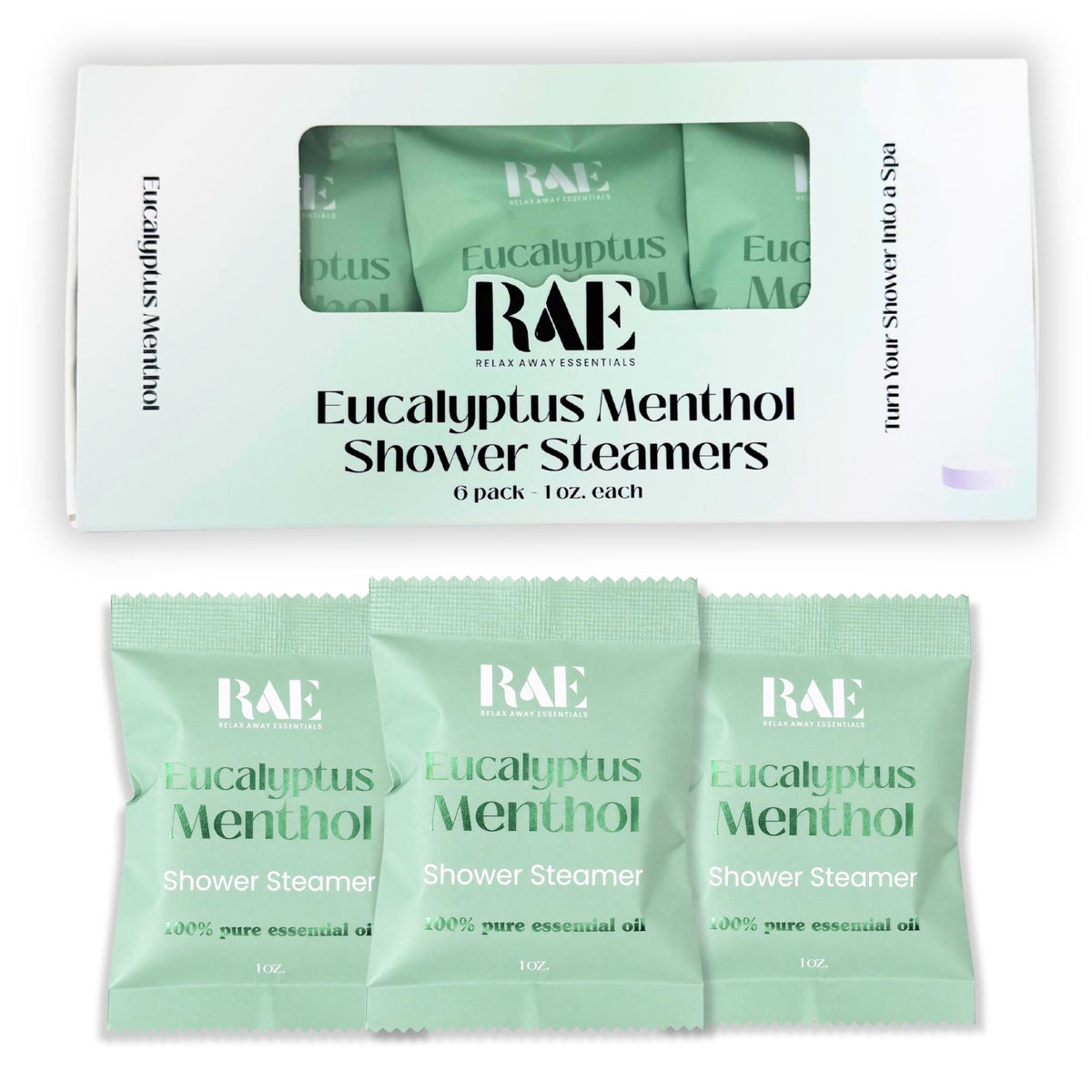 Eucalyptus Menthol shower steamers 6-pack box with three green sachets