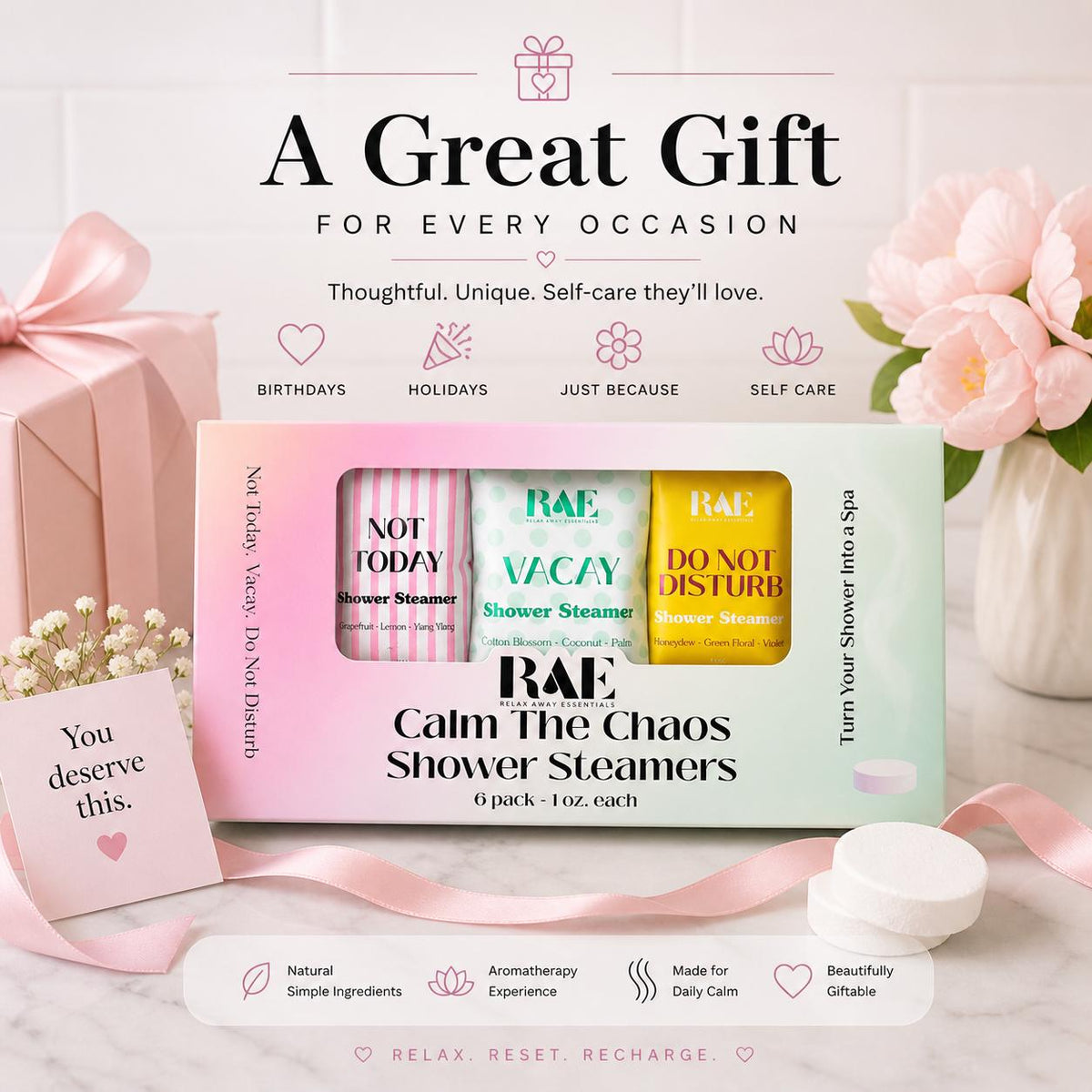 Aromatherapy shower steamer gift set with 6-pack box and ribbon, scent variety
