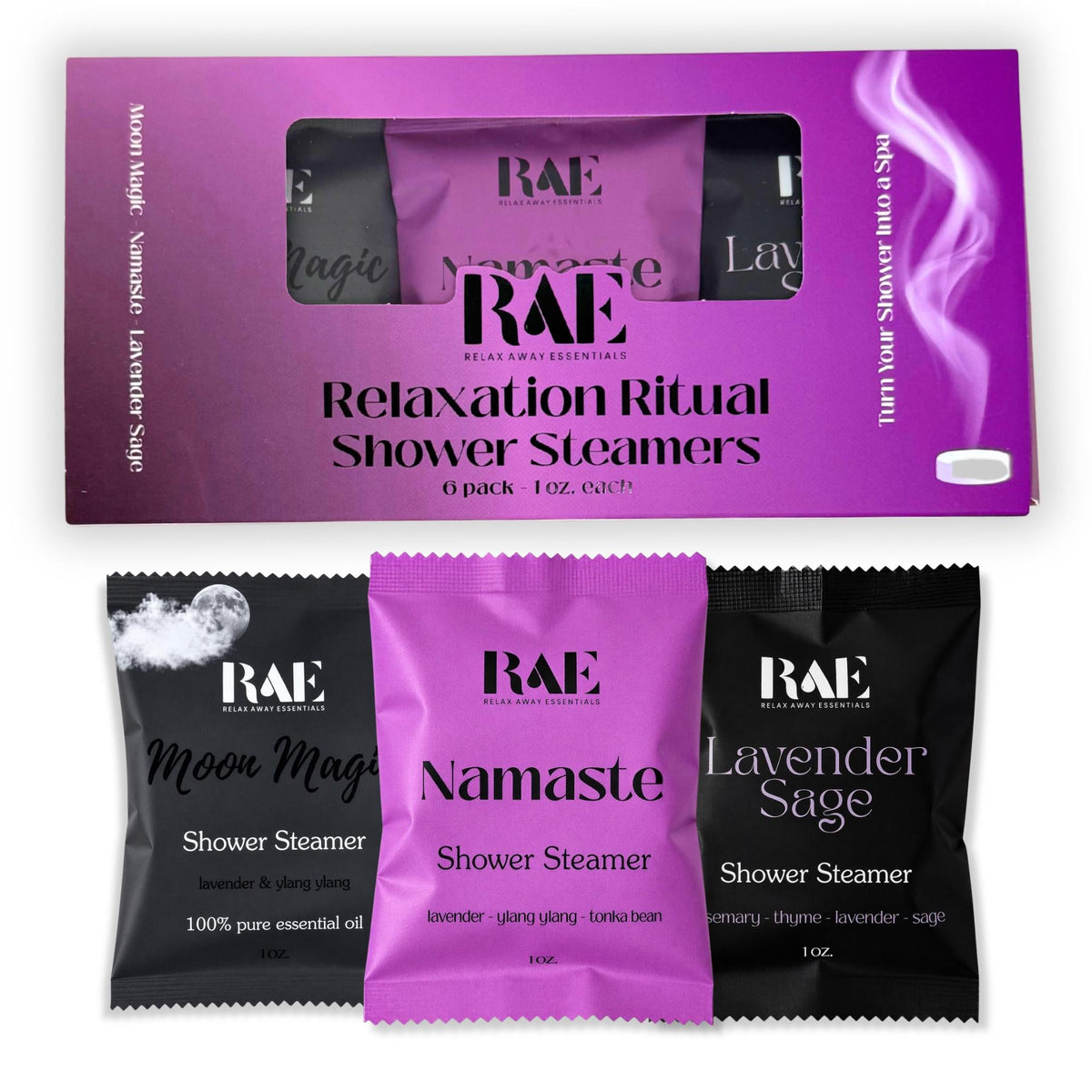 Relaxation Ritual shower steamers 6-pack box with three purple and black sachets