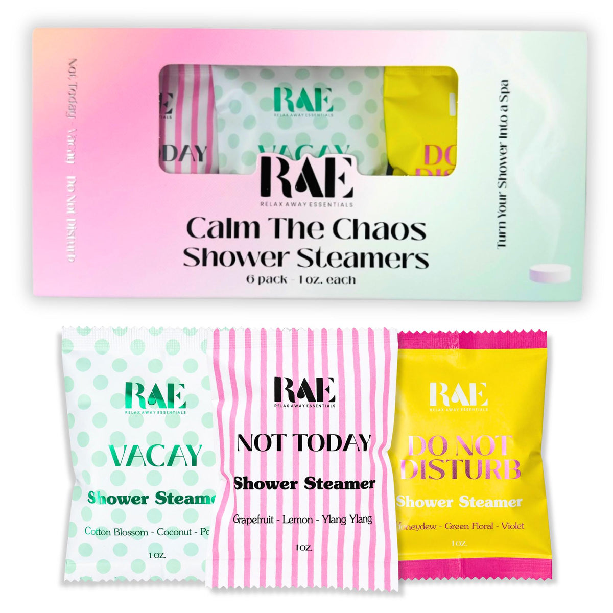 Calm The Chaos shower steamers 6-pack box with three colorful sachets labeled flavors