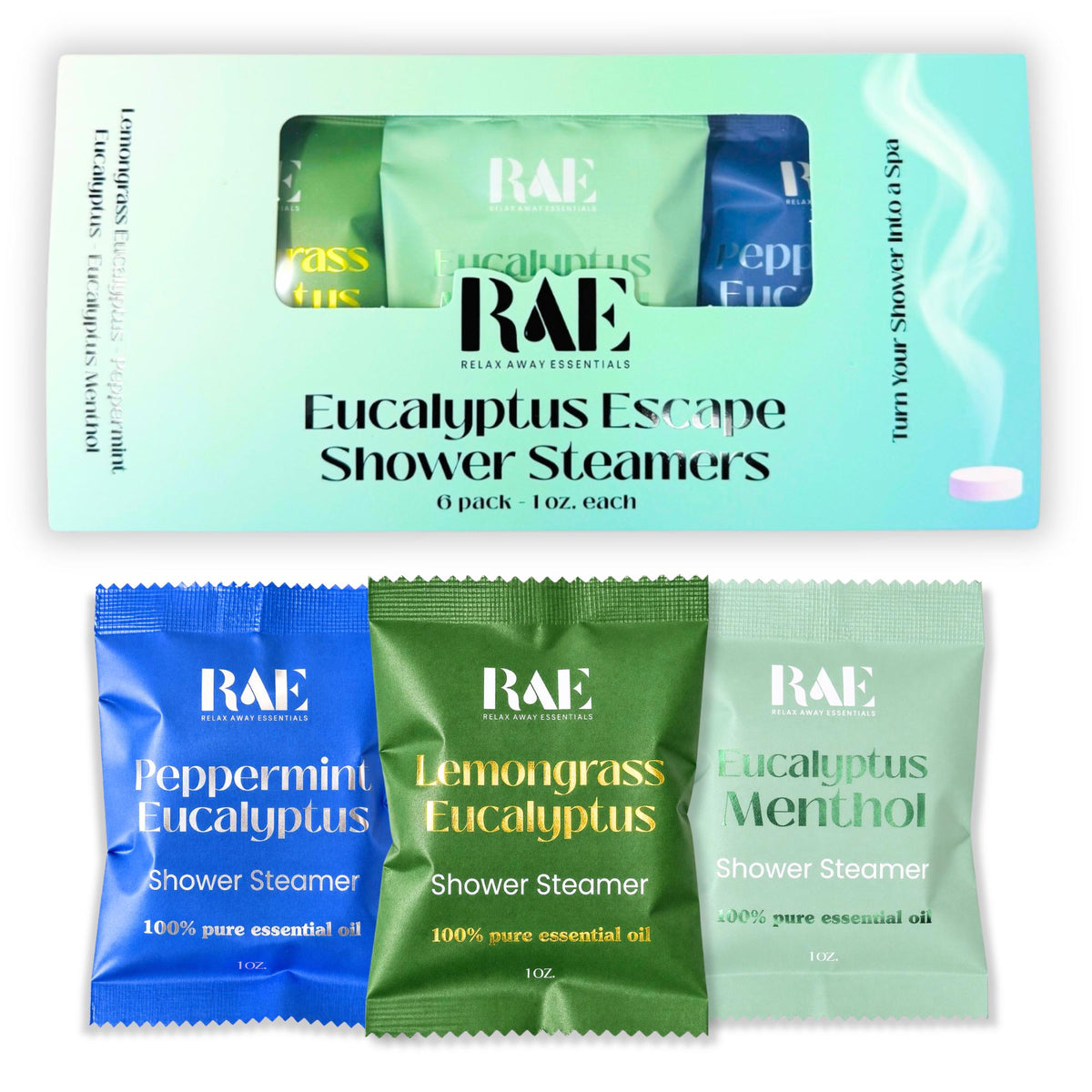 Eucalyptus Escape shower steamers 6-pack box with three blue, green, and teal sachets