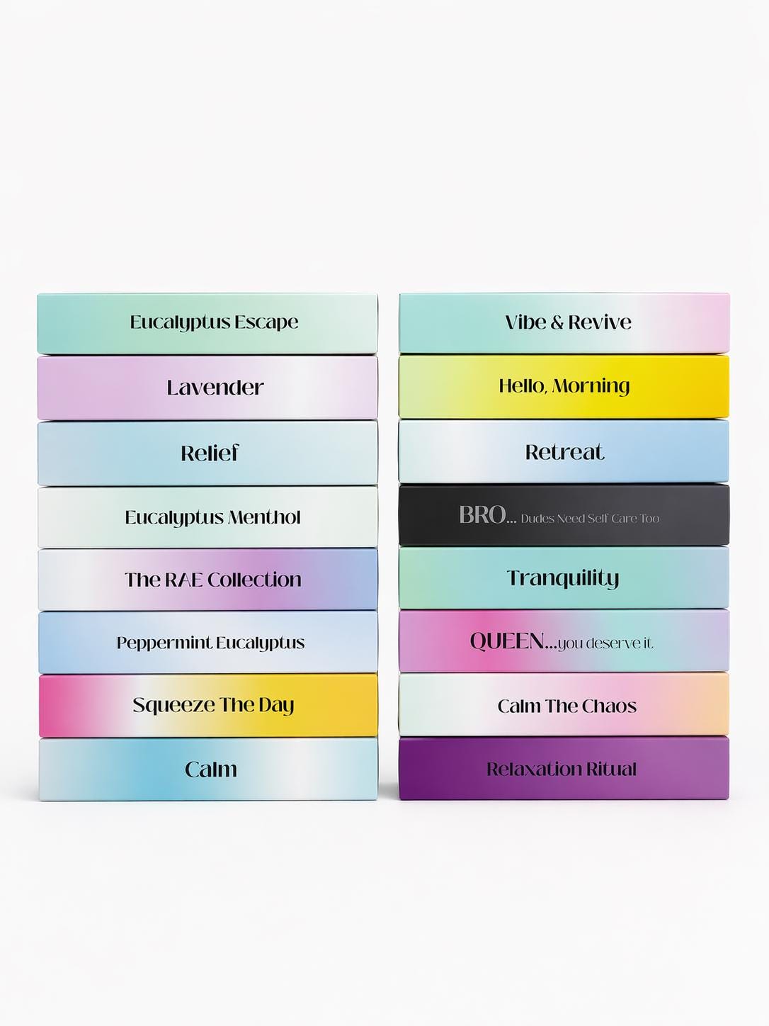 Set of six aromatherapy shower steamer boxes with assorted scent labels