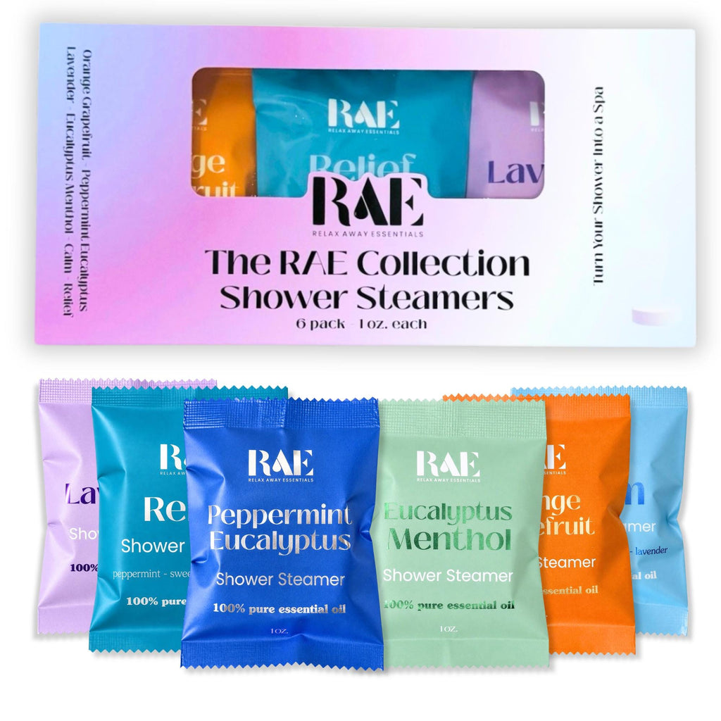 RAE shower steamer collection box with 6 labeled single-use steamers shown
