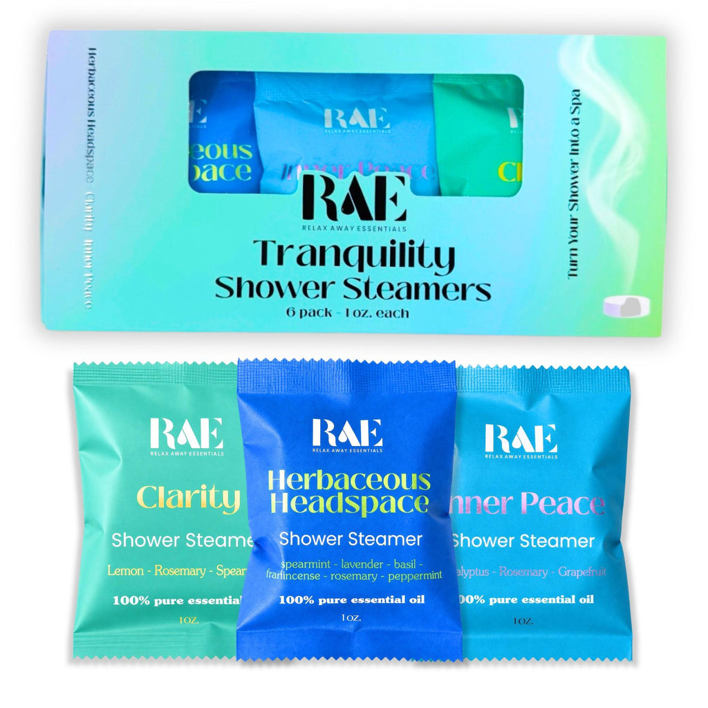 RAE Tranquility shower steamer 6-pack with labeled foil sachets