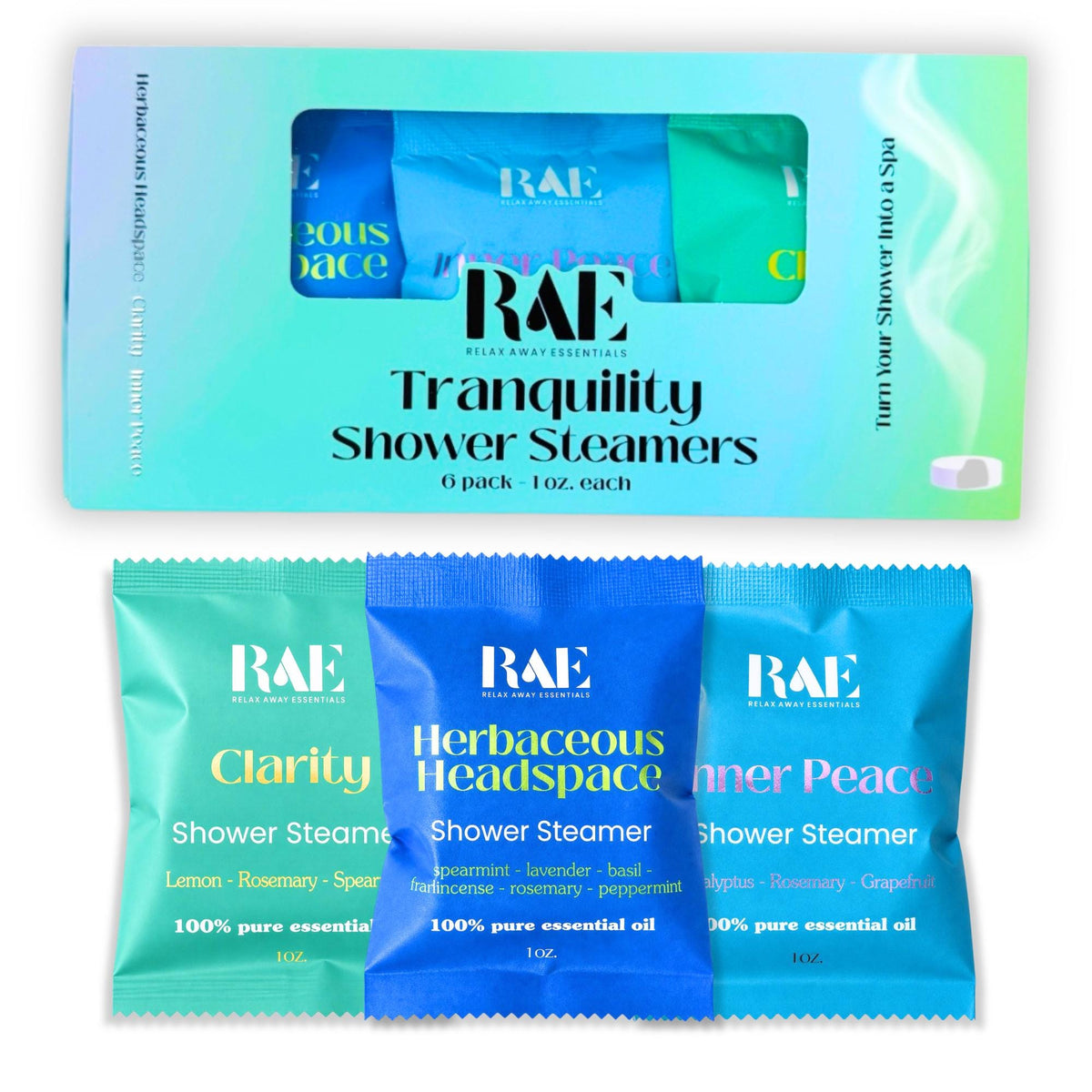RAE Tranquility shower steamer 6-pack with labeled foil sachets