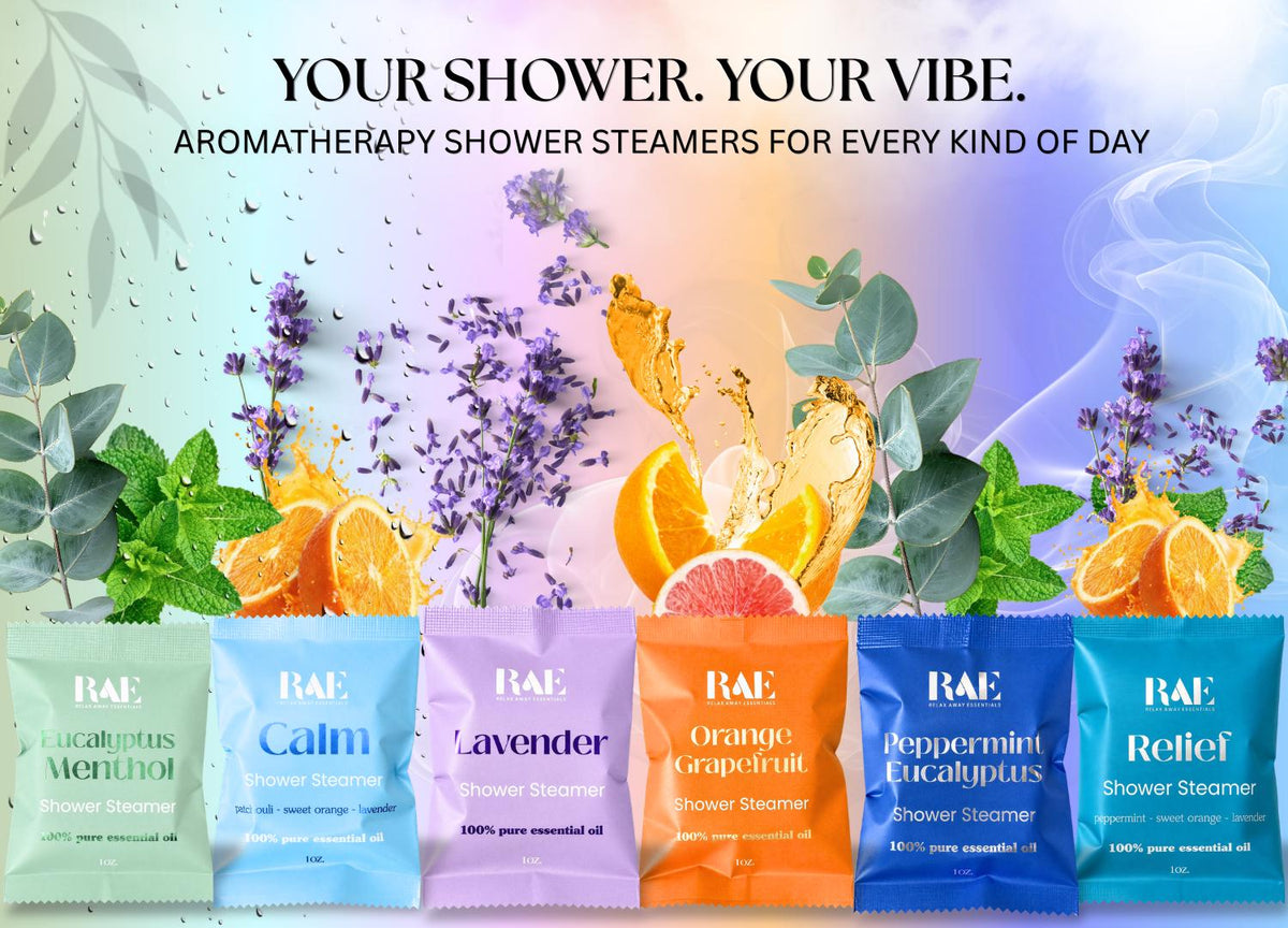RAE shower steamer variety pack of 6 labeled foil sachets with assorted scents