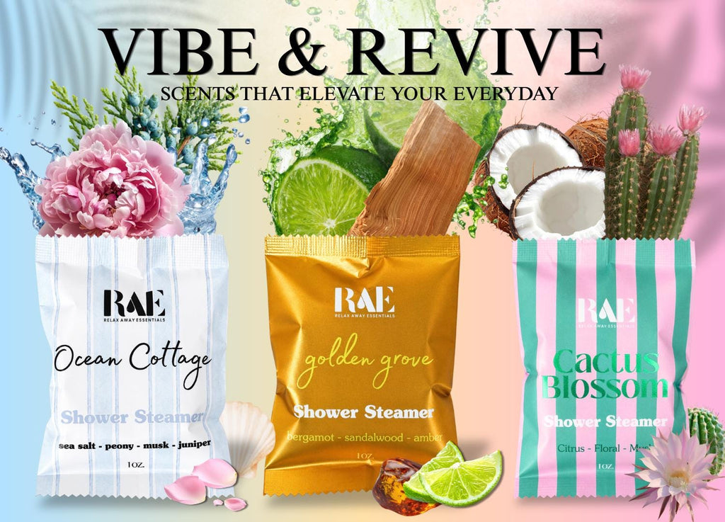 Assorted Vibe & Revive shower steamer packets: Ocean Cottage, Golden Grove, Cactus Blossom