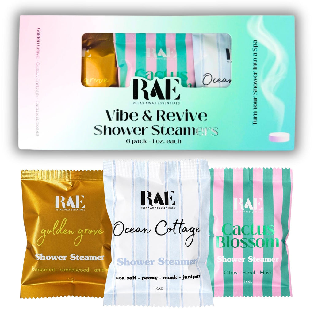Vibe & Revive shower steamer 6-pack box with assorted scent packets, RAE Relax Away Essentials