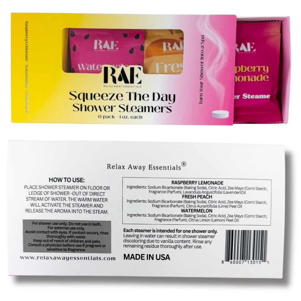 Shower steamer 6-pack box with window showing RAE pouches in assorted fruity scents