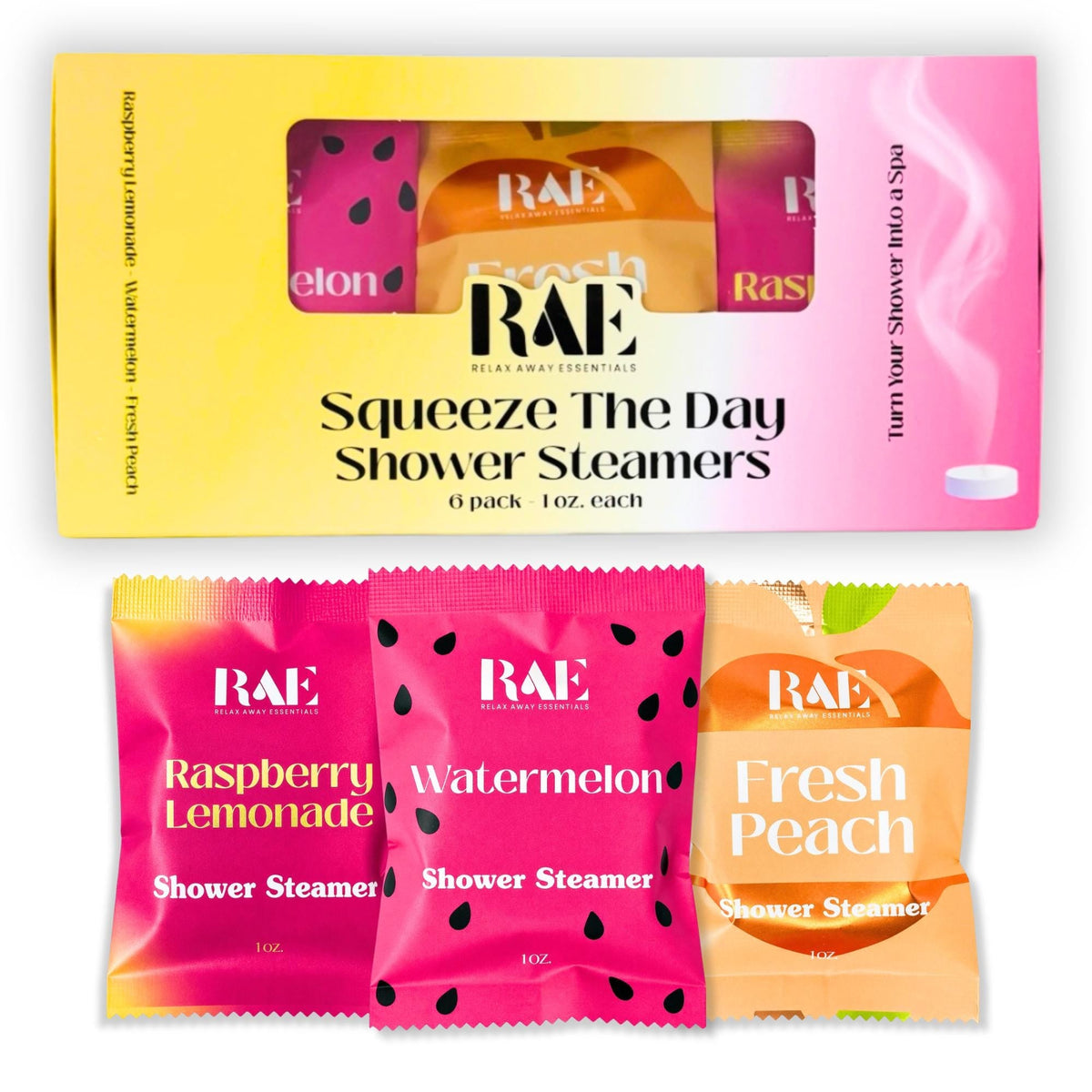 Shower steamer 6-pack gift box with Raspberry Lemonade, Watermelon, and Fresh Peach scents