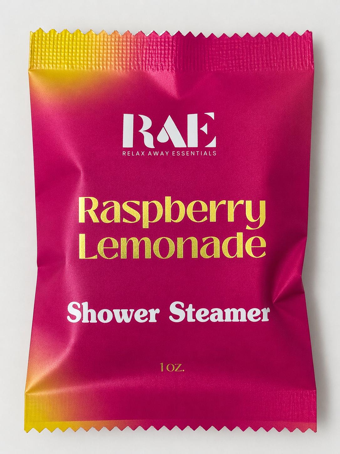 Raspberry Lemonade shower steamer pouch, maroon gradient with 1 oz label