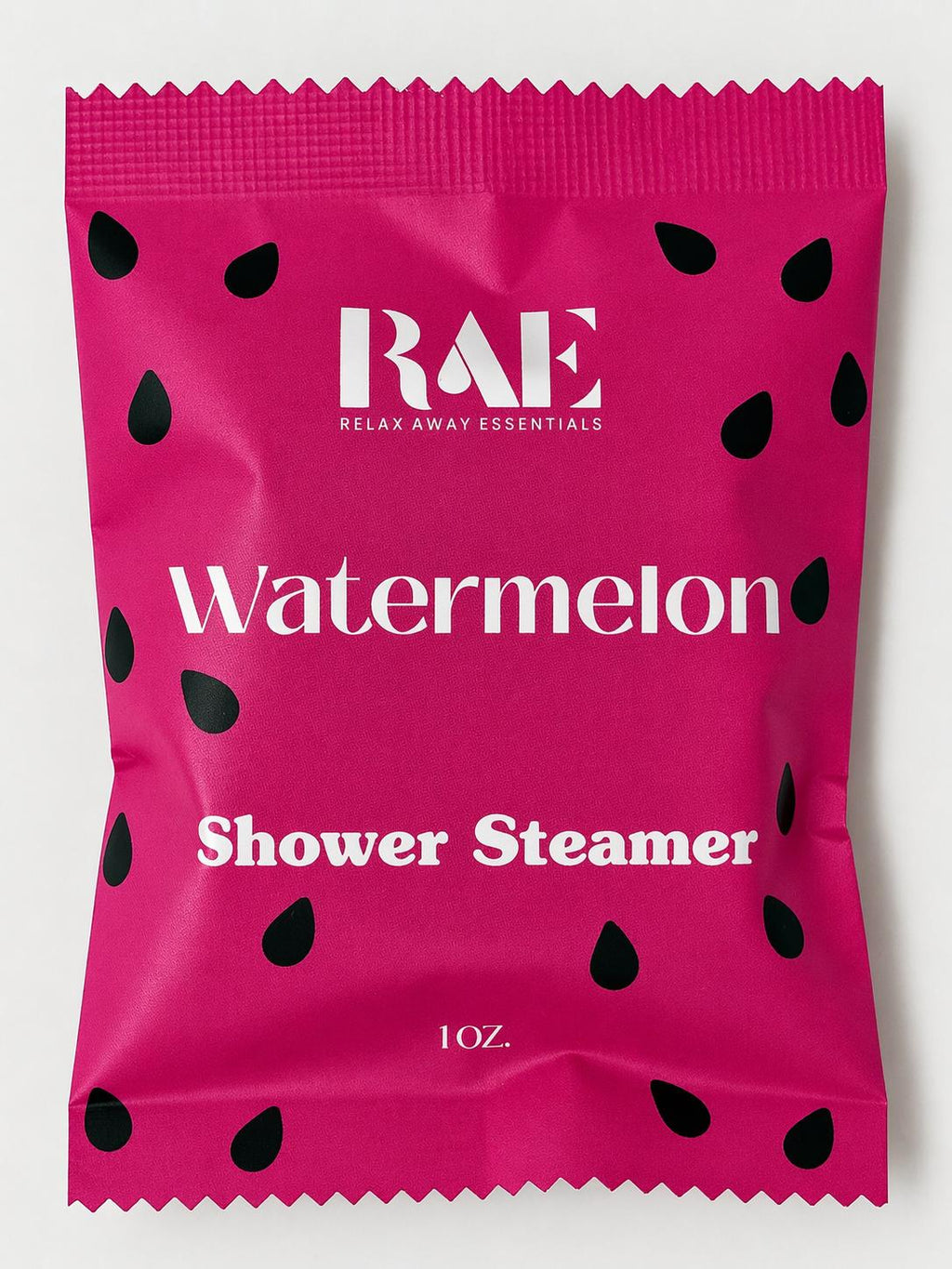 Watermelon shower steamer pouch, bright pink with black seed dots and 1 oz label