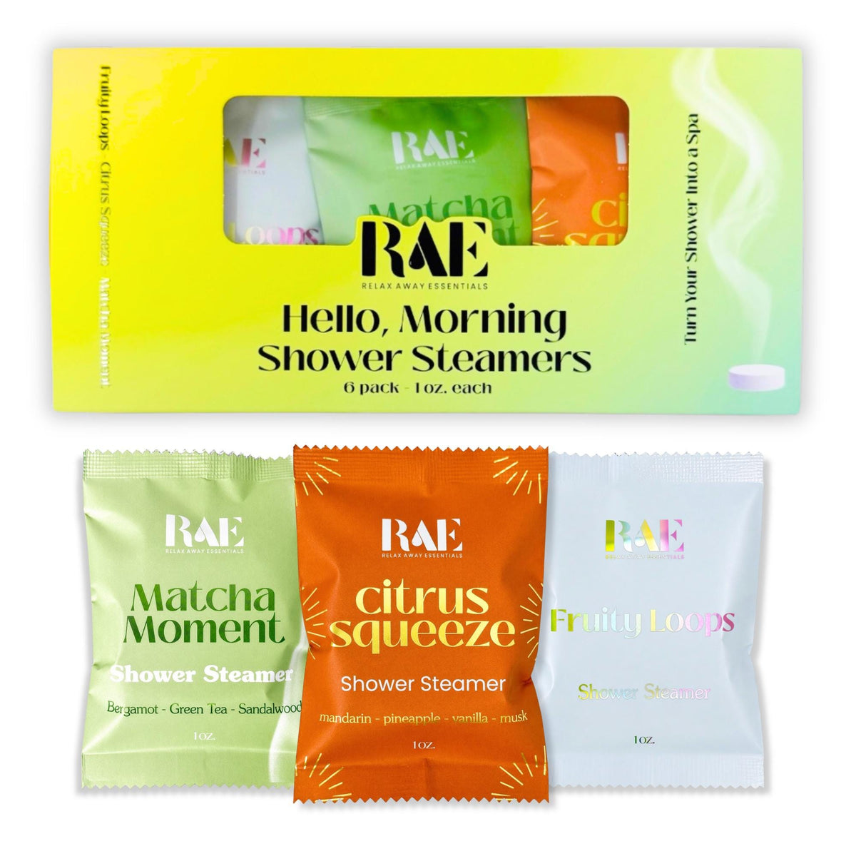 Hello, Morning shower steamer gift box with 6-pack assortment of citrus, matcha, and fruity scents