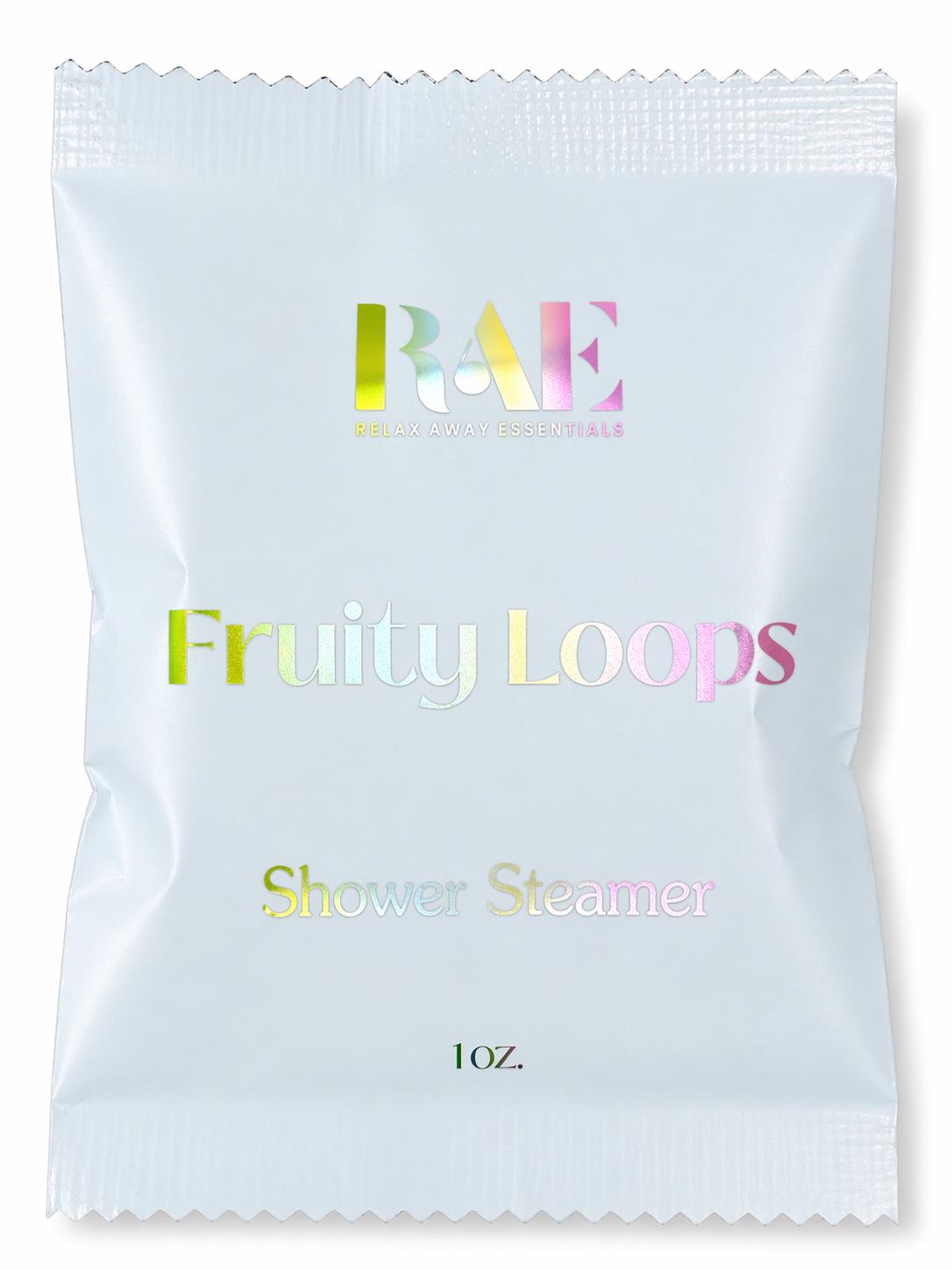 Fruity Loops shower steamer pouch in white with 1 oz net weight