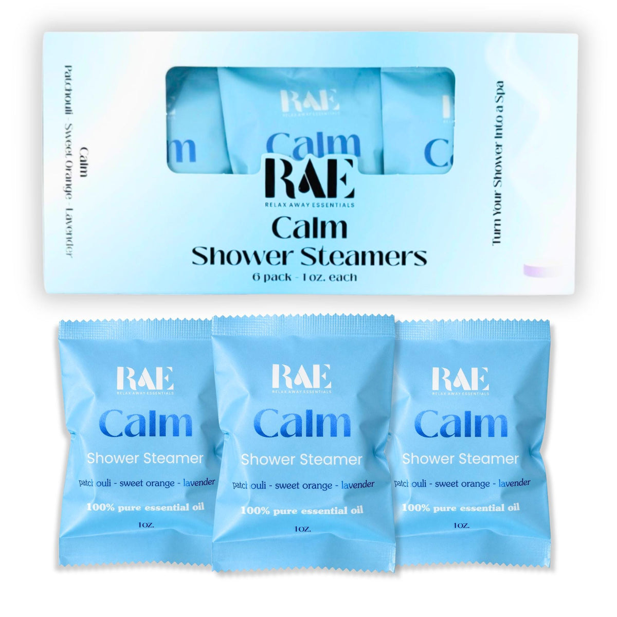 Calm aromatherapy shower steamers: three blue 1-oz packets