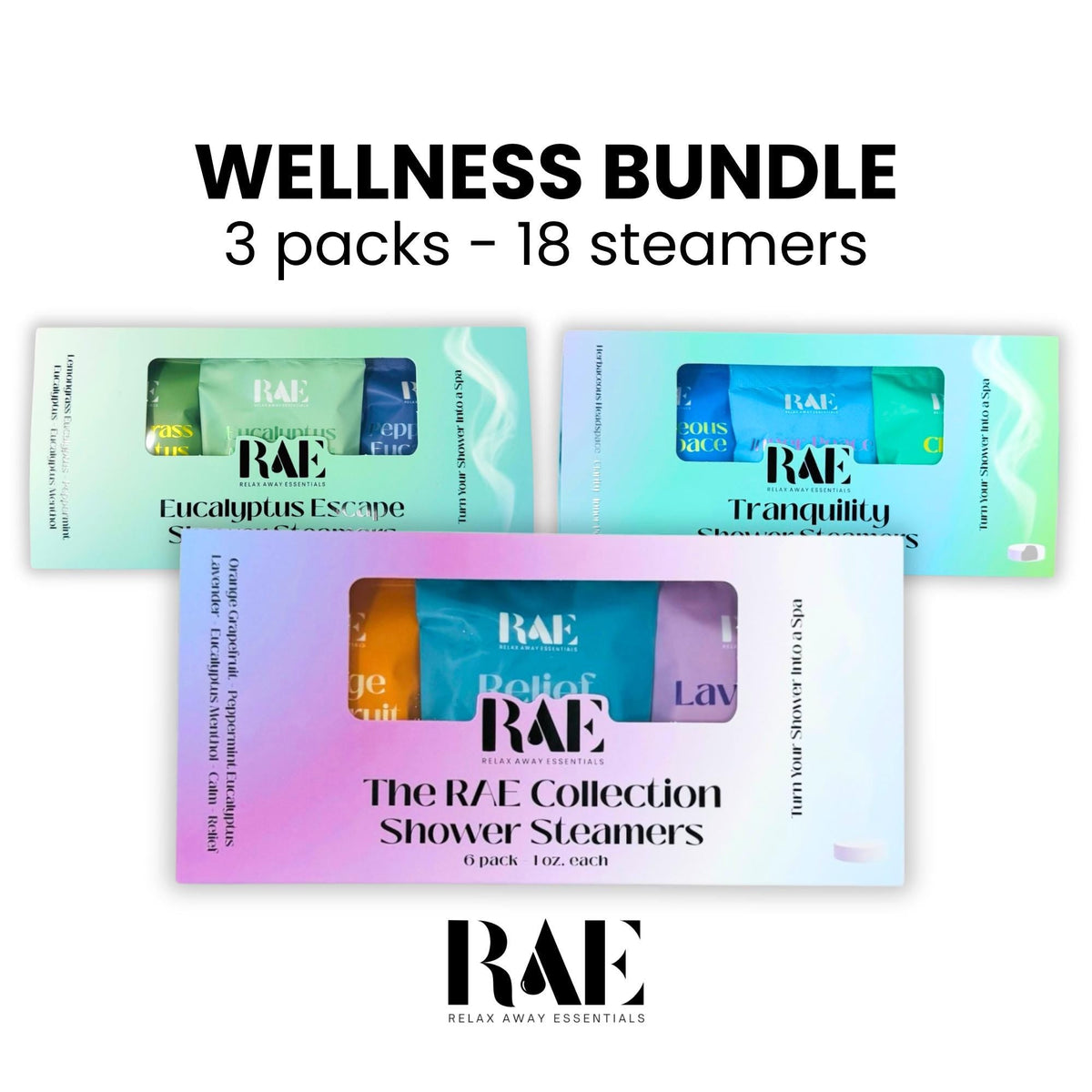RAE shower steamer wellness bundle: 3 packs, 18 shower steamers in assorted labels