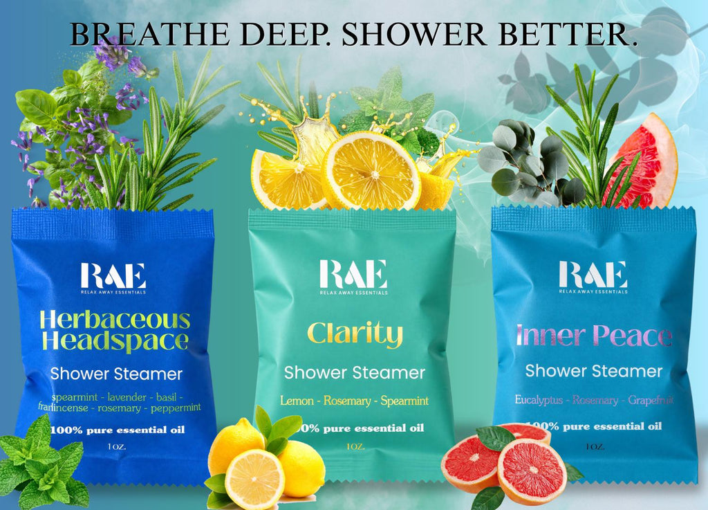 RAE shower steamer 3-pack featuring Herbacous Headspace, Clarity, Inner Peace