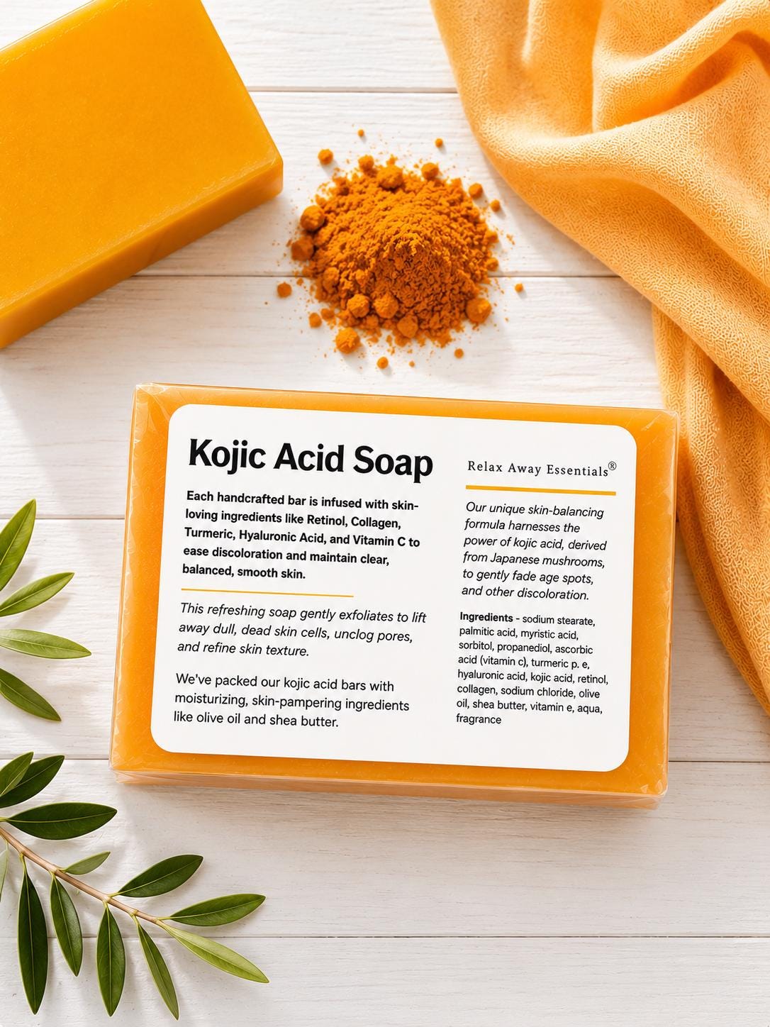 Kojic acid soap bar, orange-yellow soap in clear wrap with ingredient label