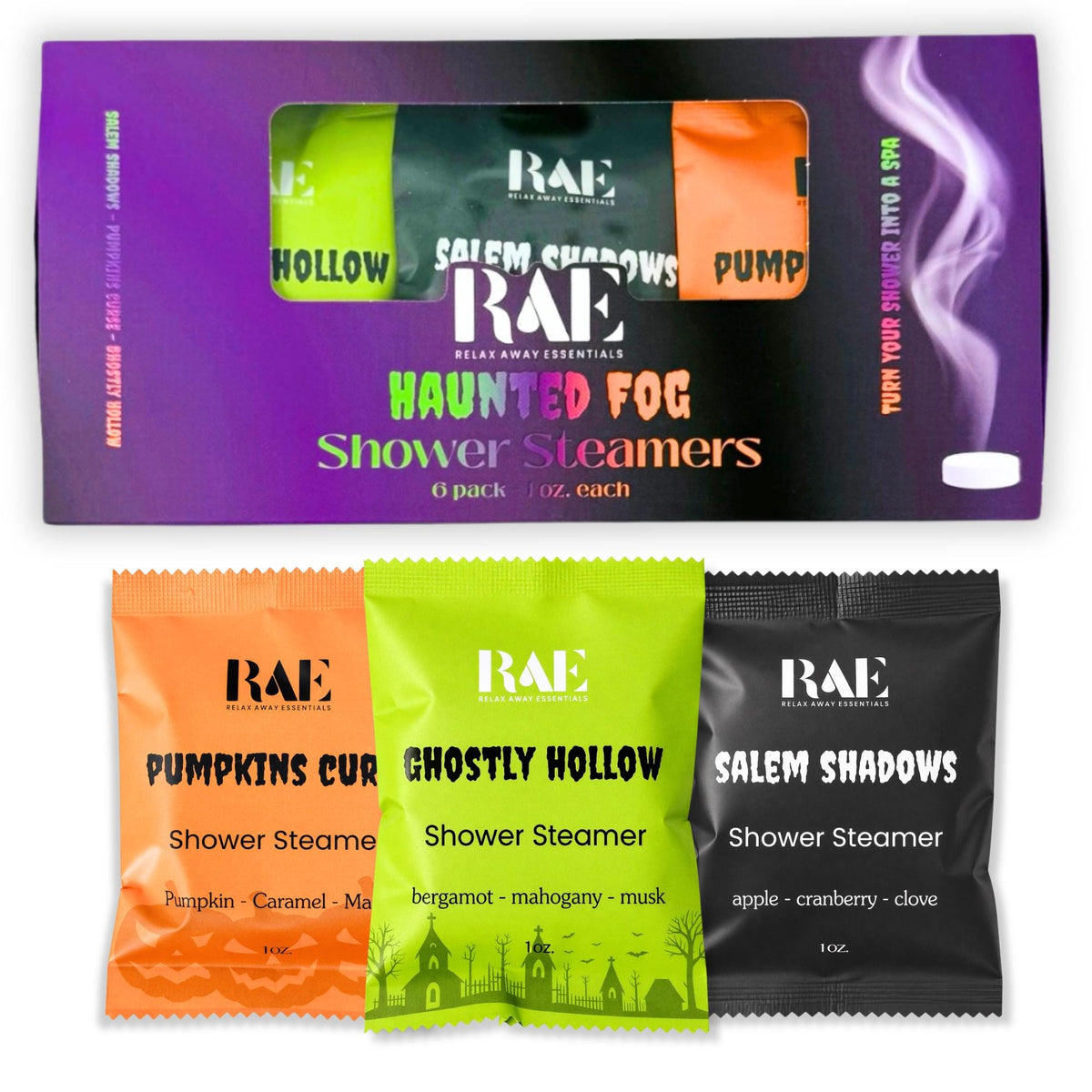 Three aromatherapy shower steamer packets: Pumpkins Cure, Ghostly Hollow, Salem Shadows