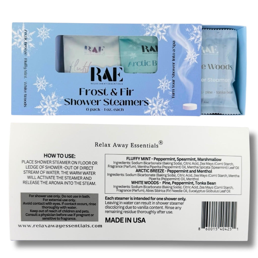 Back panel of Frost & Fir shower steamers box with how-to use and ingredients