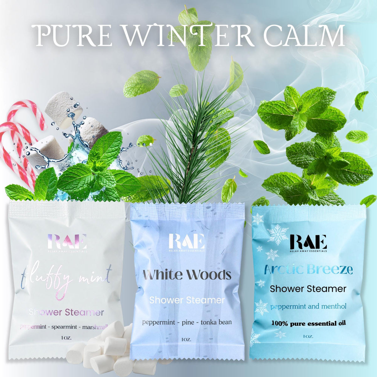 Three shower steamer pouches: fluffy mint, White Woods, and Arctic Breeze