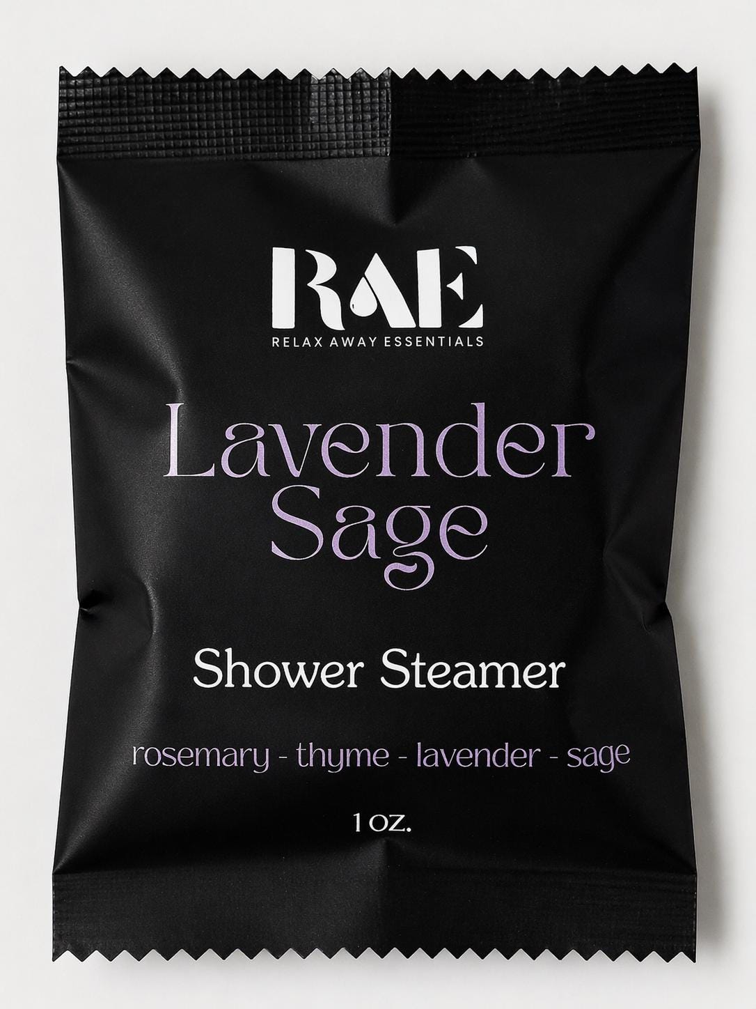 Dark shower steamer packet with Lavender Sage label, 1 oz