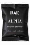Alpha shower steamer sachet with RAE logo; scent: vetiver, musk, oakmoss
